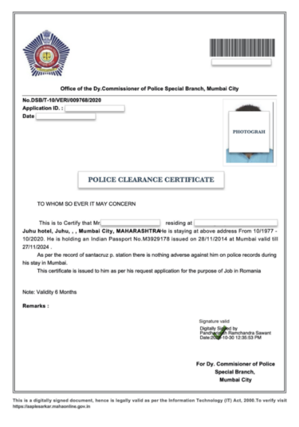 police clearance certificate from Mumbai police